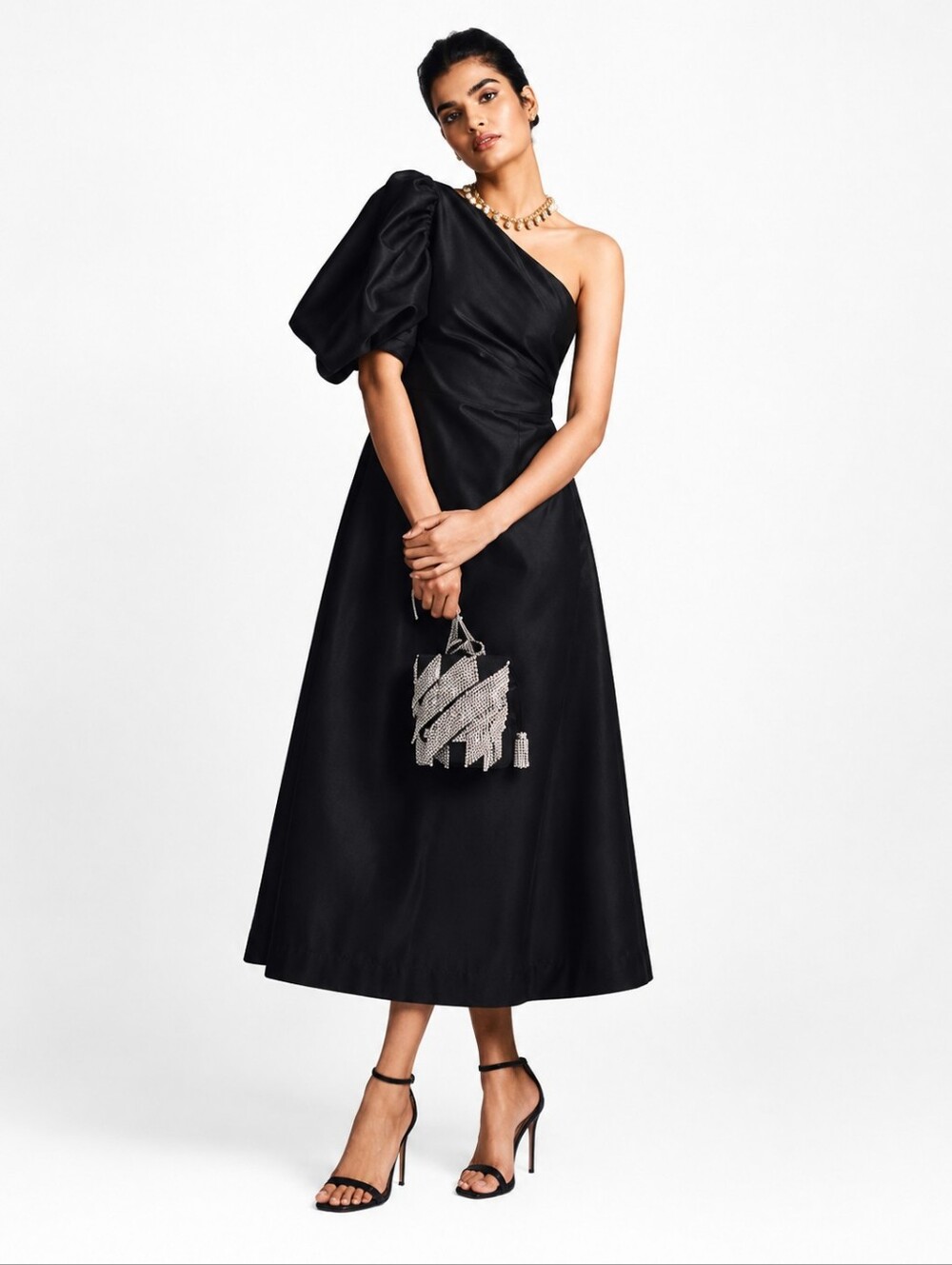 Anthropologie Aureta Black One Shoulder Puff Sleeve Midi Dress New Size S